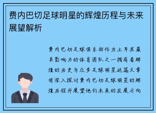 费内巴切足球明星的辉煌历程与未来展望解析
